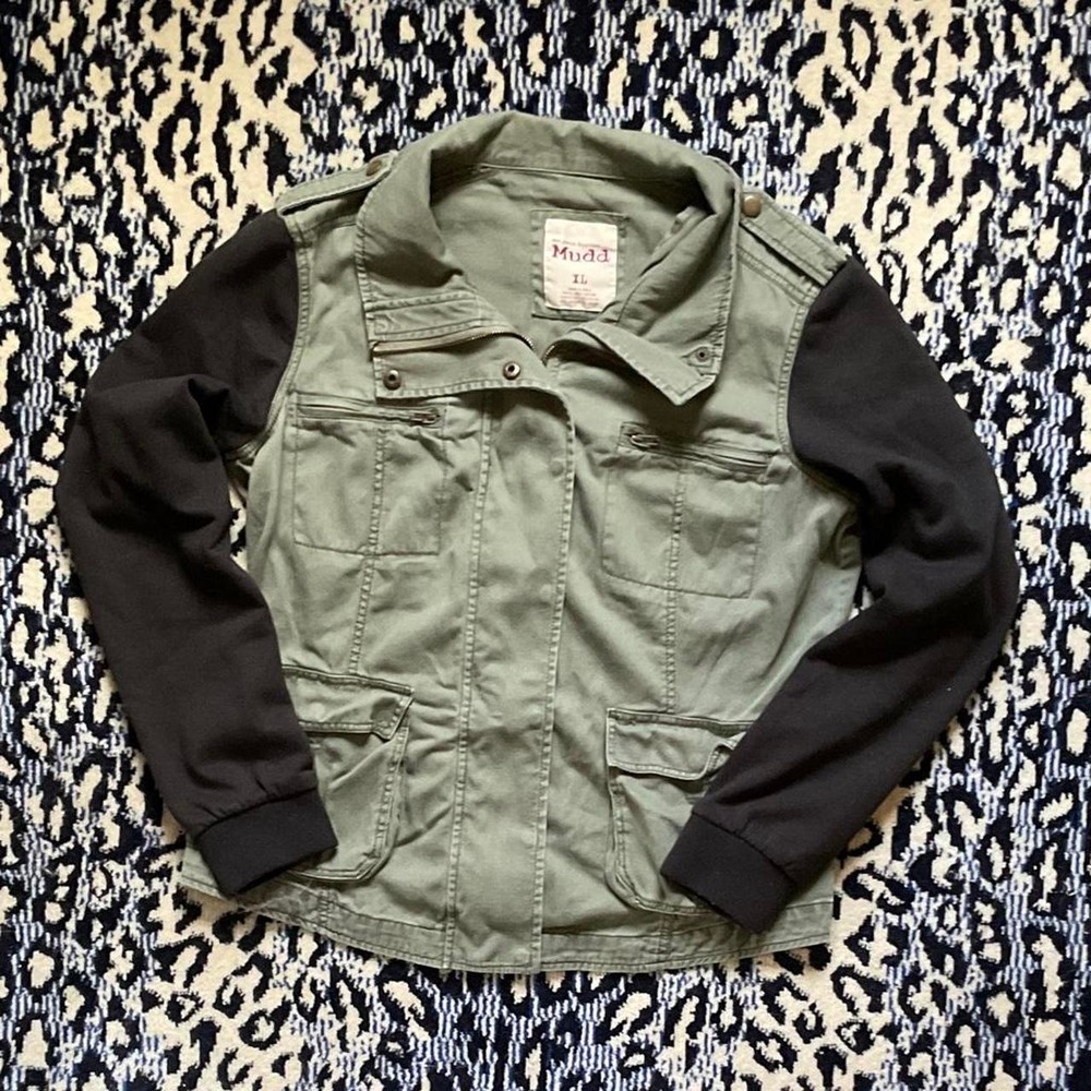 Mudd Utility Jacket Olive Green Black Mixed Media Military Field Coat XL